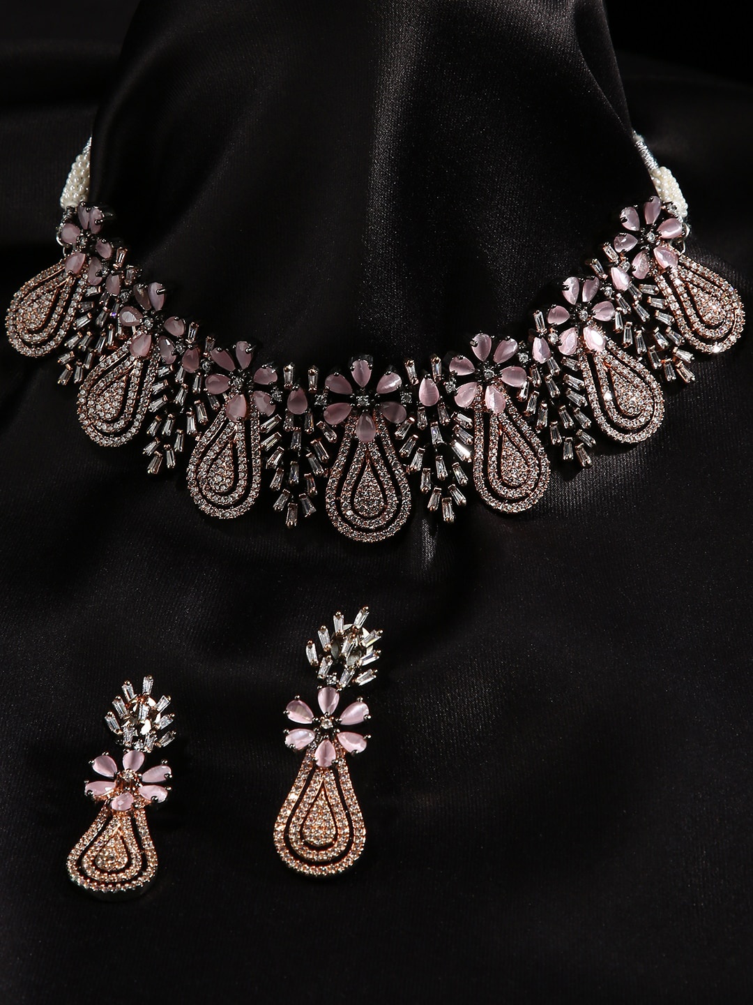 

justpeachy Rhodium-Plated White & Pink Stone-Studded Jewellery Set
