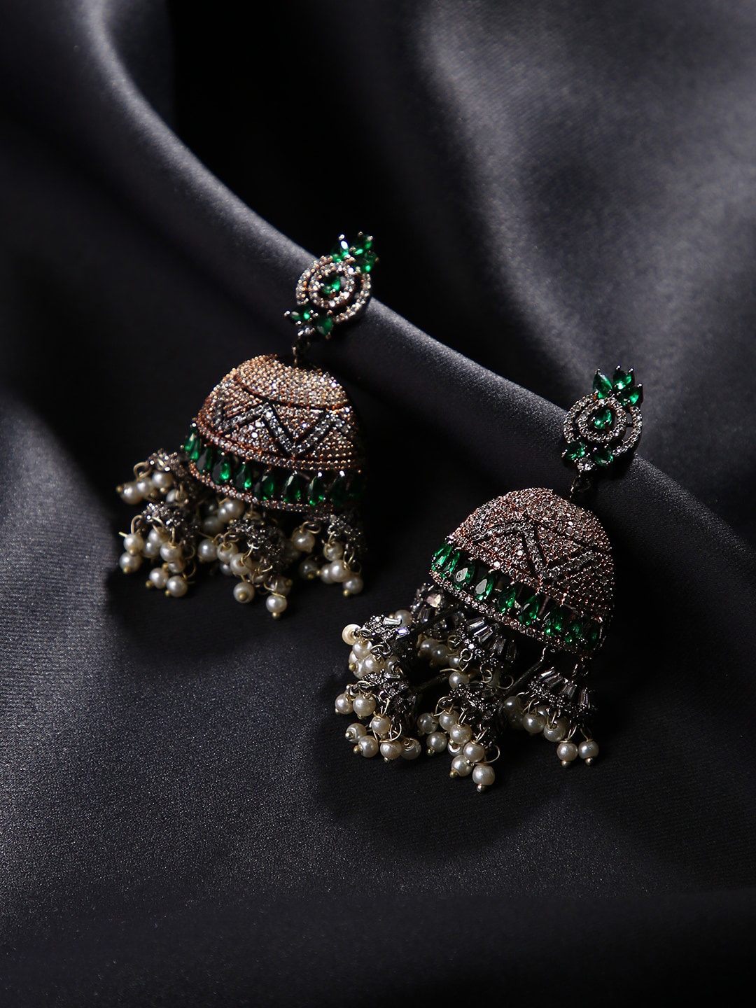 

justpeachy Green & Silver-Toned Contemporary Jhumkas Earrings