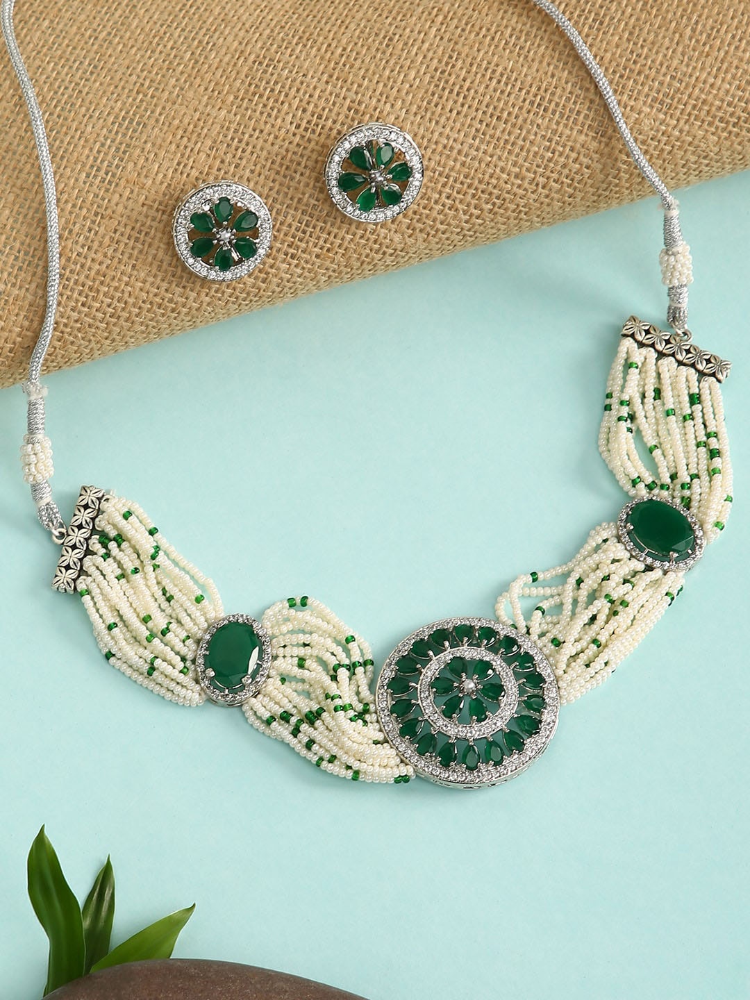 

justpeachy White & Green Stone-Studded & Beaded Jewellery Set