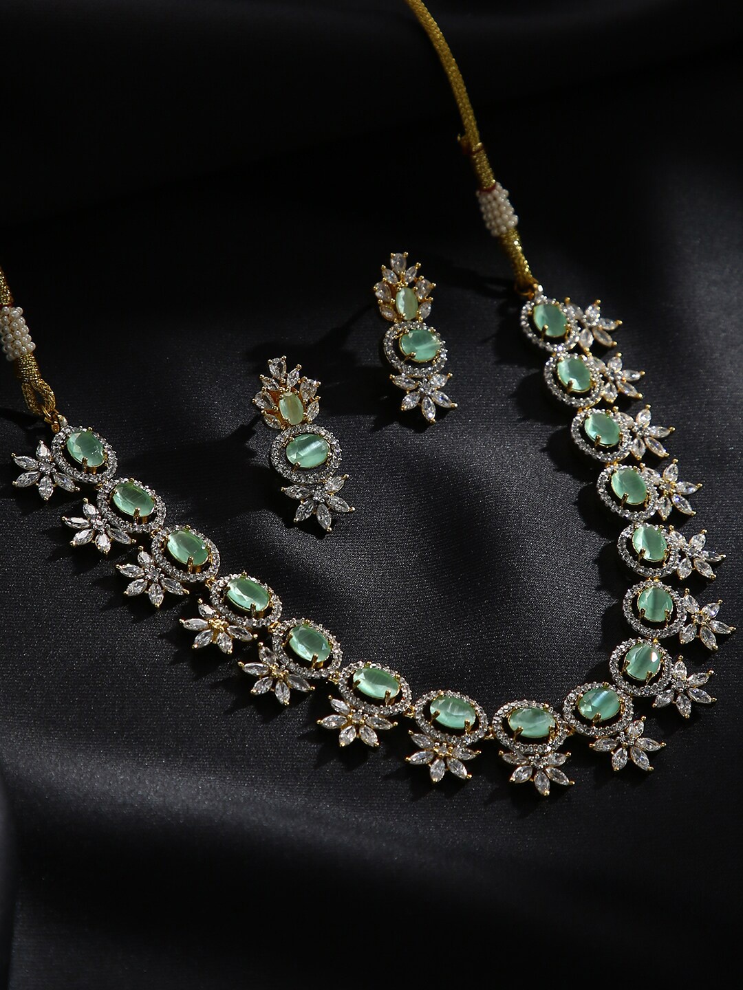 

justpeachy Gold-Plated Green & White Stone-Studded Jewellery Set