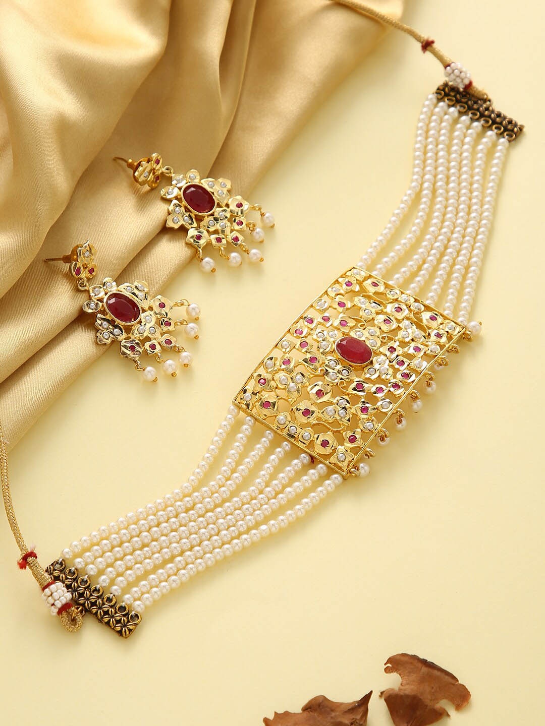 

justpeachy Gold-Plated White & Red Stone-Studded & Pearl Beaded Jewellery Set