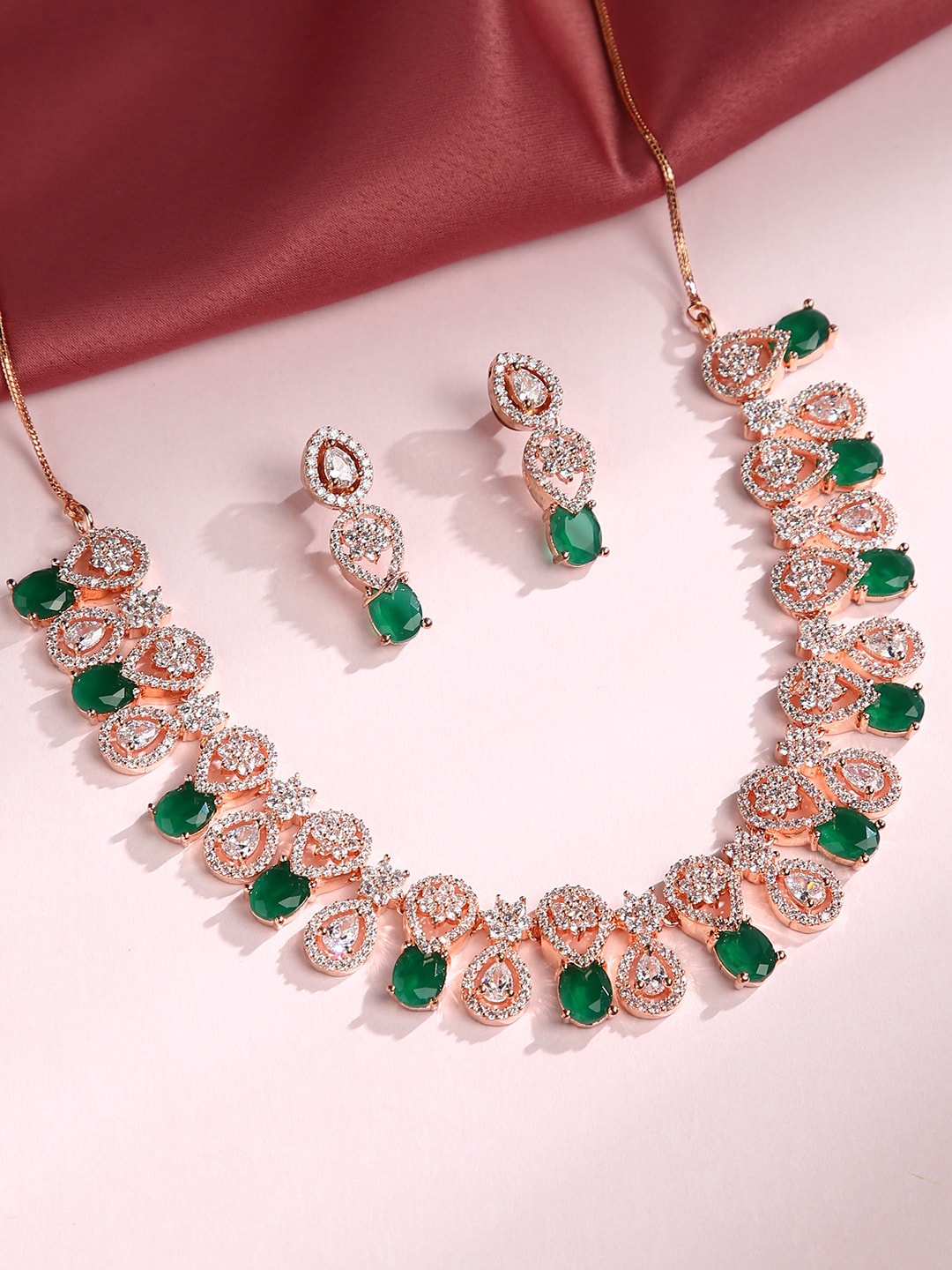 

justpeachy Gold-Plated Green & White Stone-Studded Jewellery Set