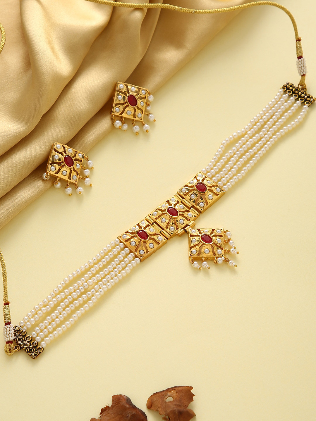 

justpeachy Gold-Plated White & Red Stone-Studded & Pearl Beaded Jewellery Set