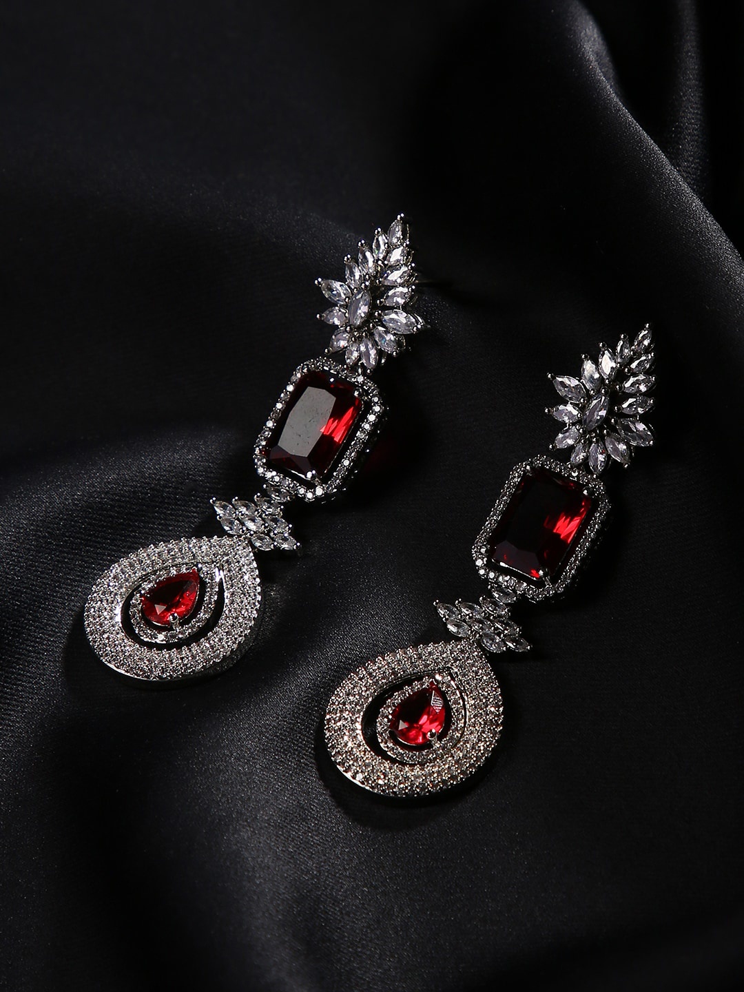 

justpeachy Pink & Silver-Plated AD Studded Contemporary Drop Earrings