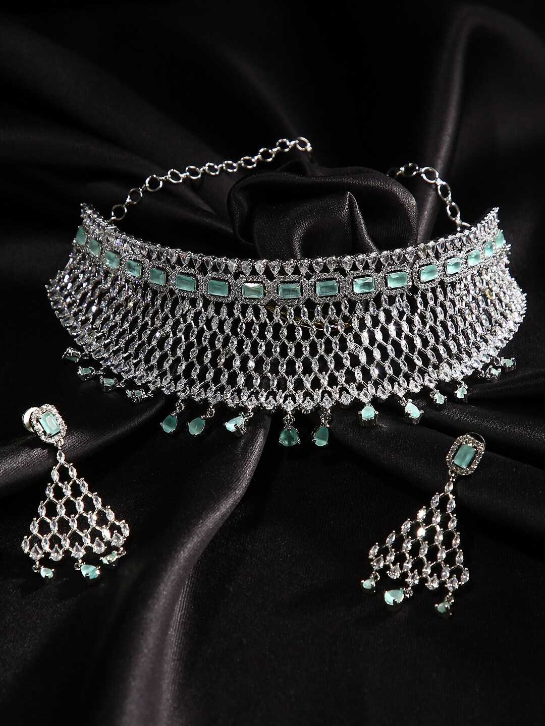 

justpeachy Women Silver & Green American Diamond Set