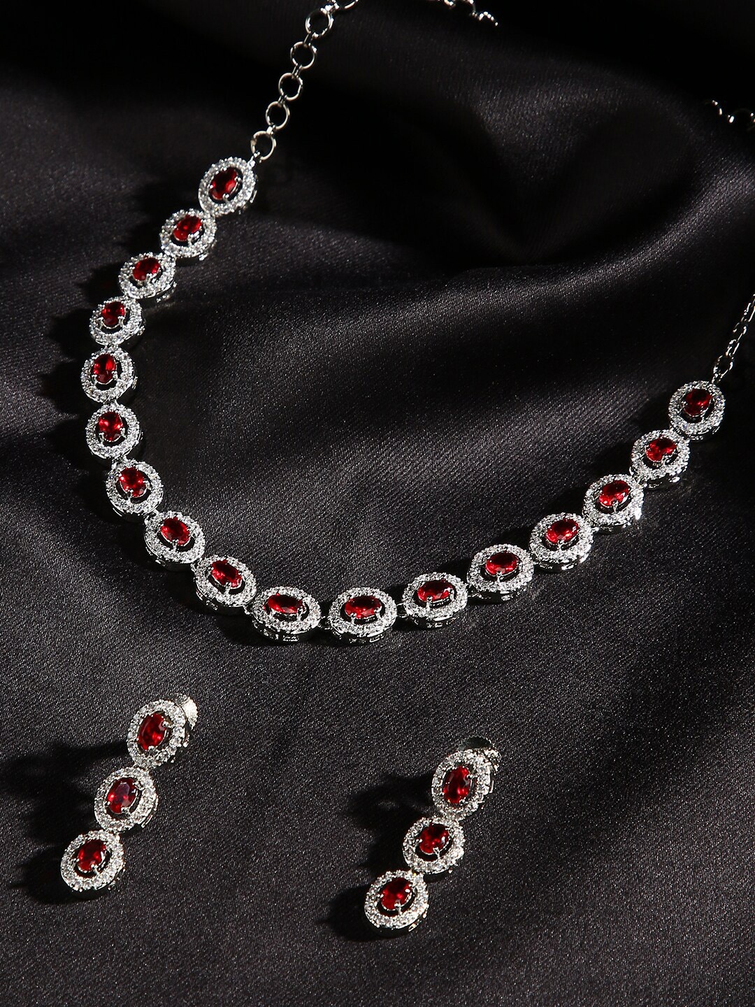 

justpeachy Silver-Plated White & Red AD-Studded Jewellery Set