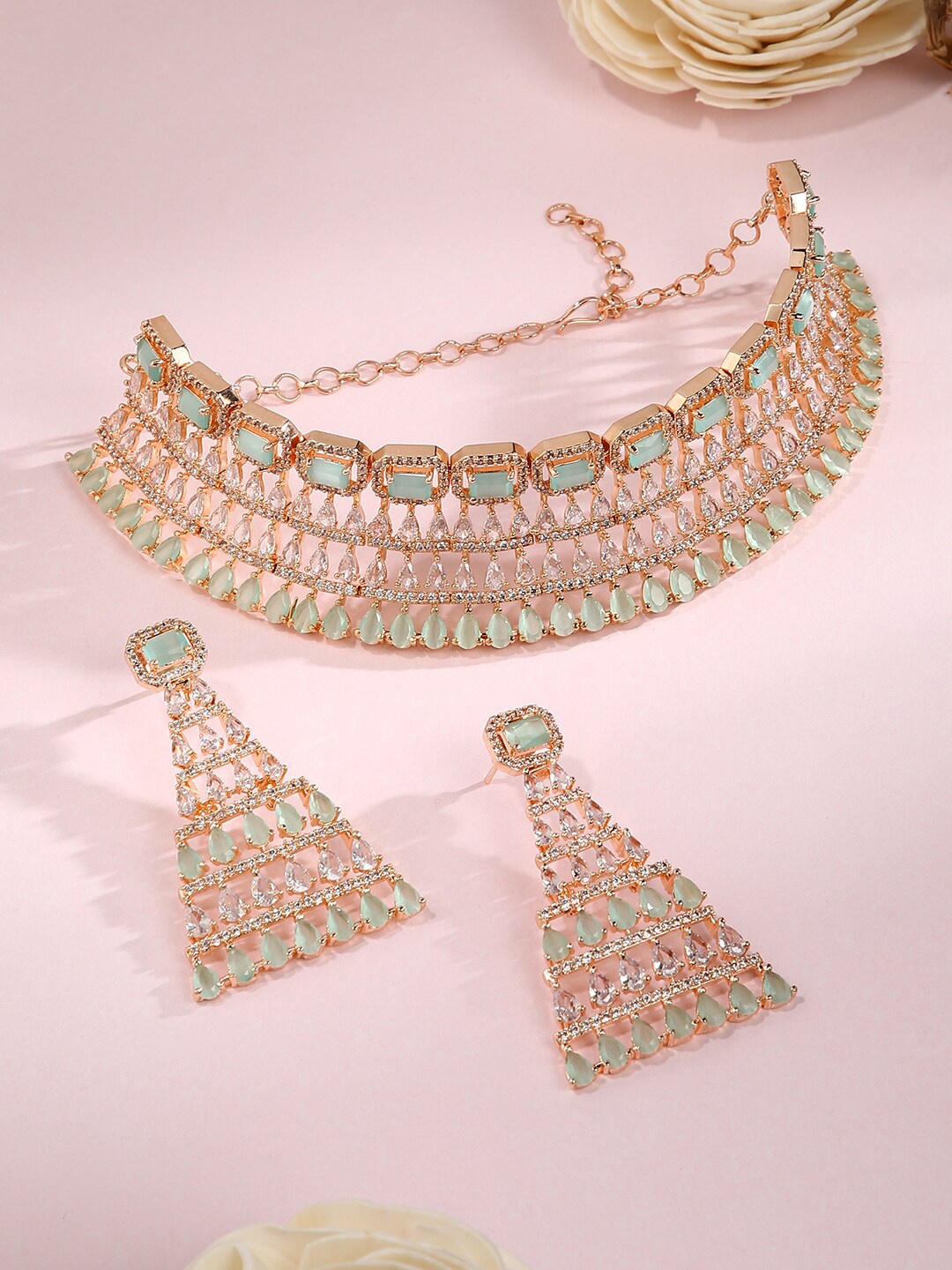

justpeachy Gold-Plated Green & White AD-Studded Jewellery Set