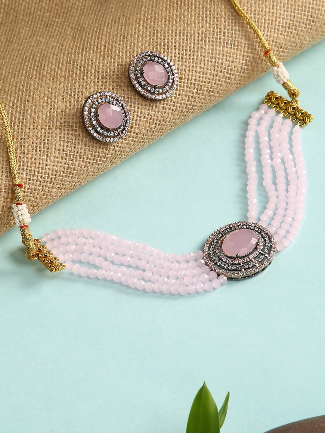 

justpeachy Silver-Plated Pink & White Stone-Studded & Beaded Jewellery Set