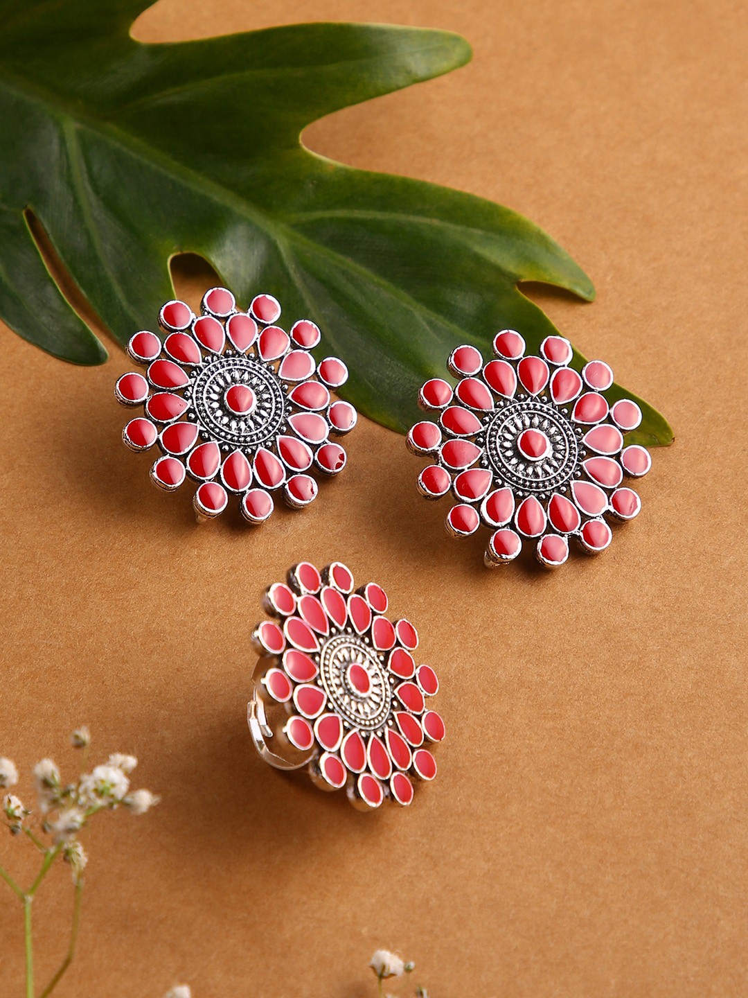 

justpeachy Silver Plated & Red Oxidised Jewellery Set