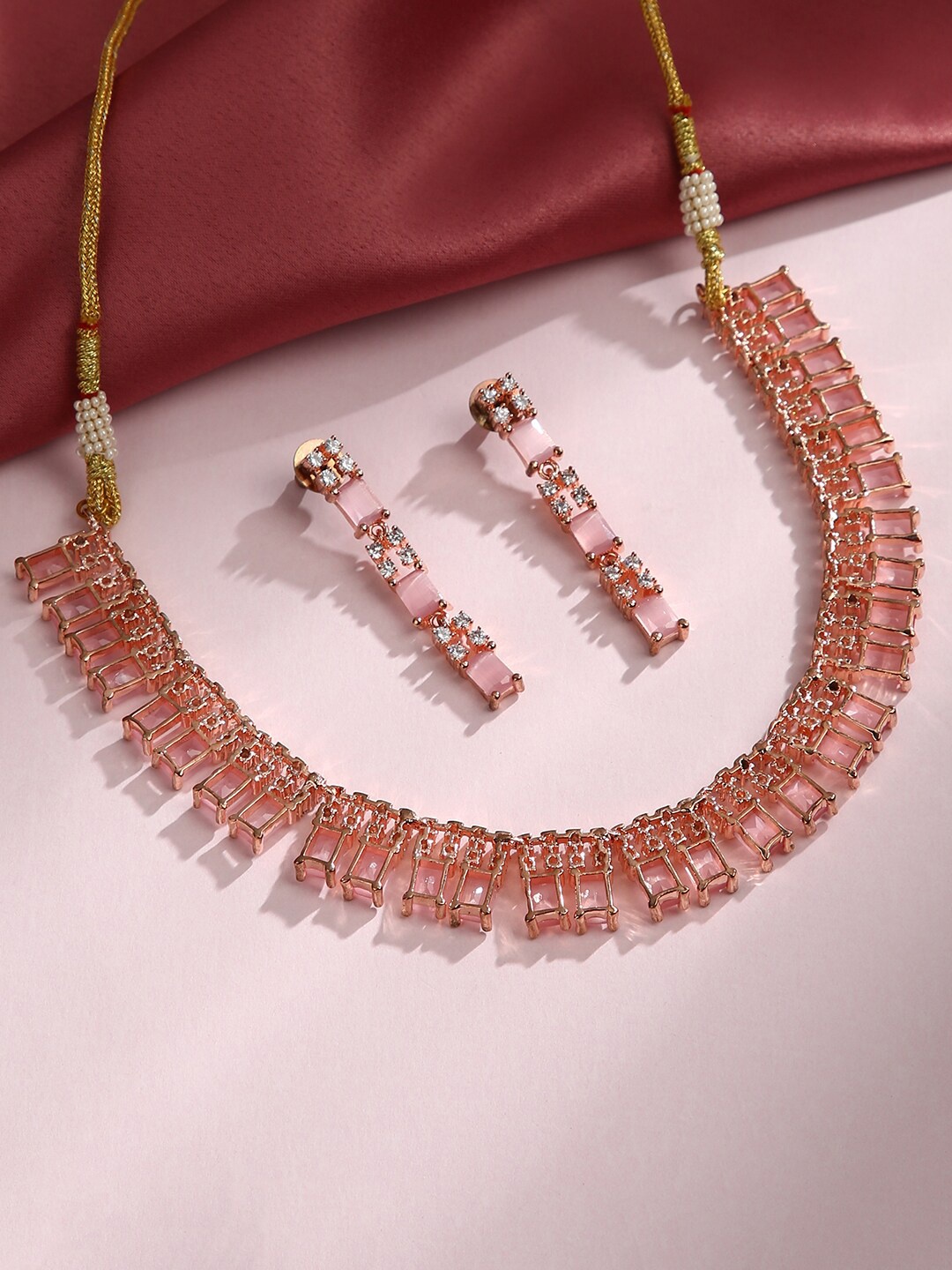 

justpeachy Gold-Plated Pink & White Stone-Studded & Beaded Jewellery Set