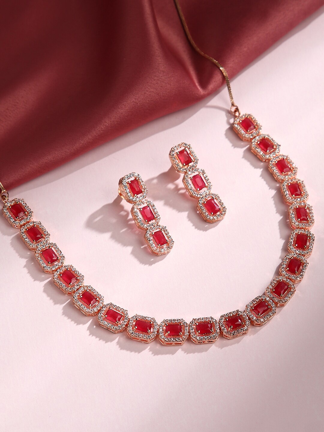 

justpeachy Gold-Plated Red & White Stone-Studded Jewellery Set