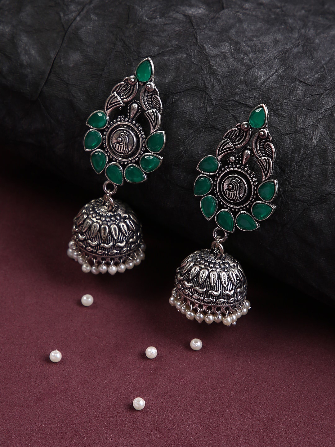 

justpeachy Oxidised Silver-Plated Green Stone-Studded & Beaded Jhumkas Earrings