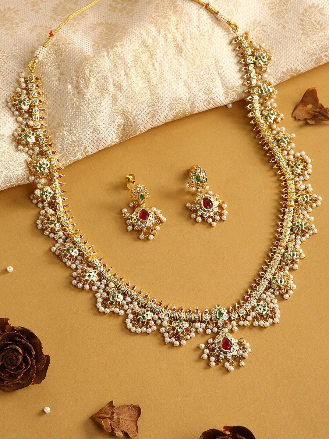 

justpeachy Gold-Plated White & Red Stone-Studded & Beaded Jewellery Set