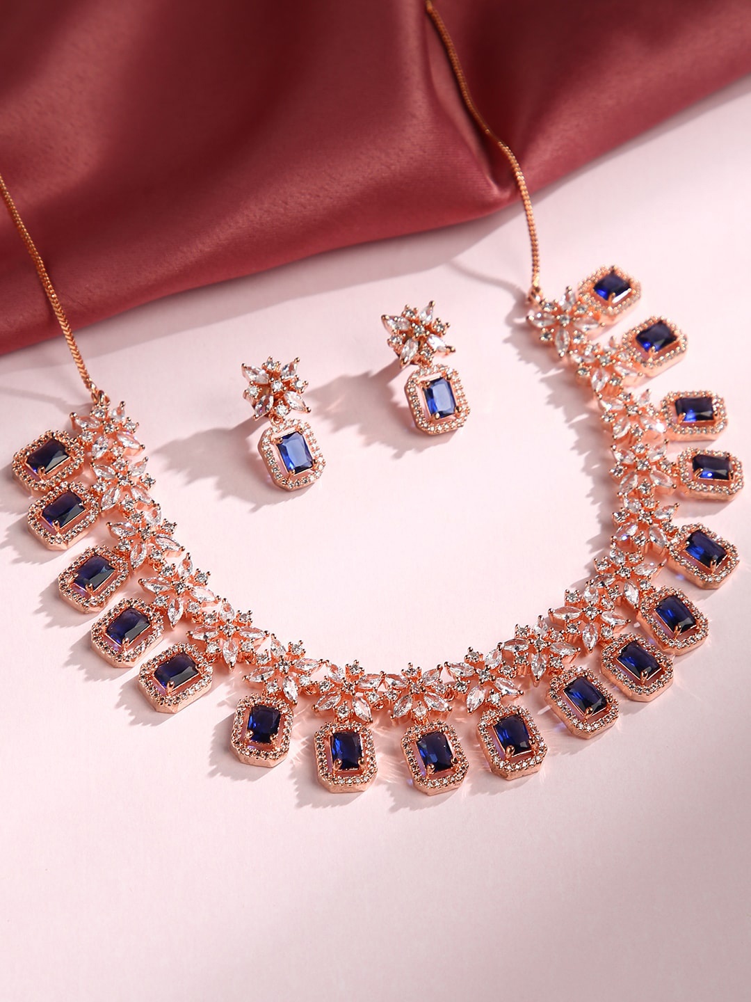 

justpeachy Gold-Plated Blue & White Stone-Studded Jewellery Set