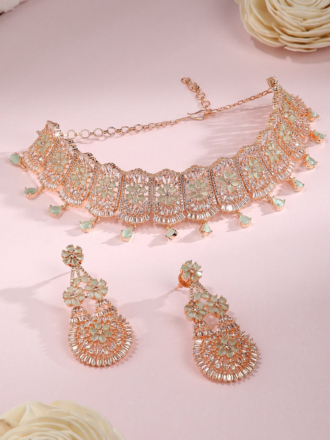 

justpeachy Gold-Plated Sea Green & White AD-Studded Jewellery Set