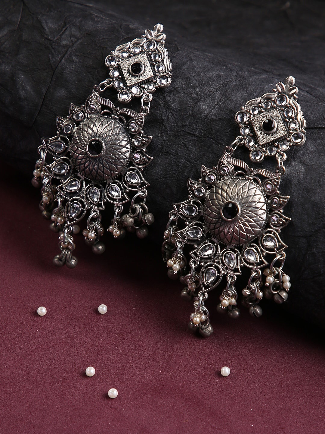 

justpeachy Oxidised Silver-Plated Black Stone-Studded Contemporary Drop Earrings