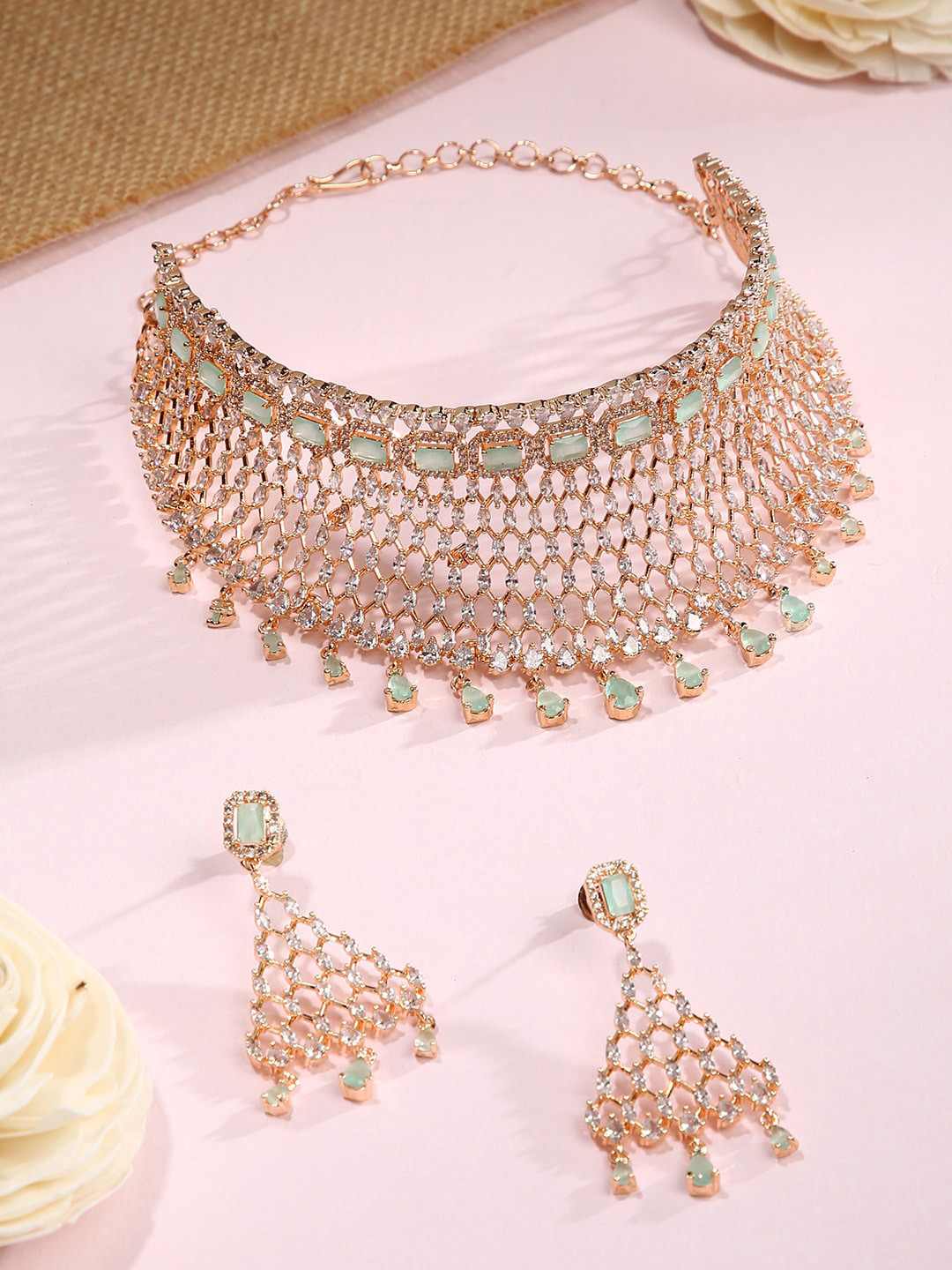 

justpeachy Gold-Plated White & Sea Green AD Stone-Studded Jewellery Set
