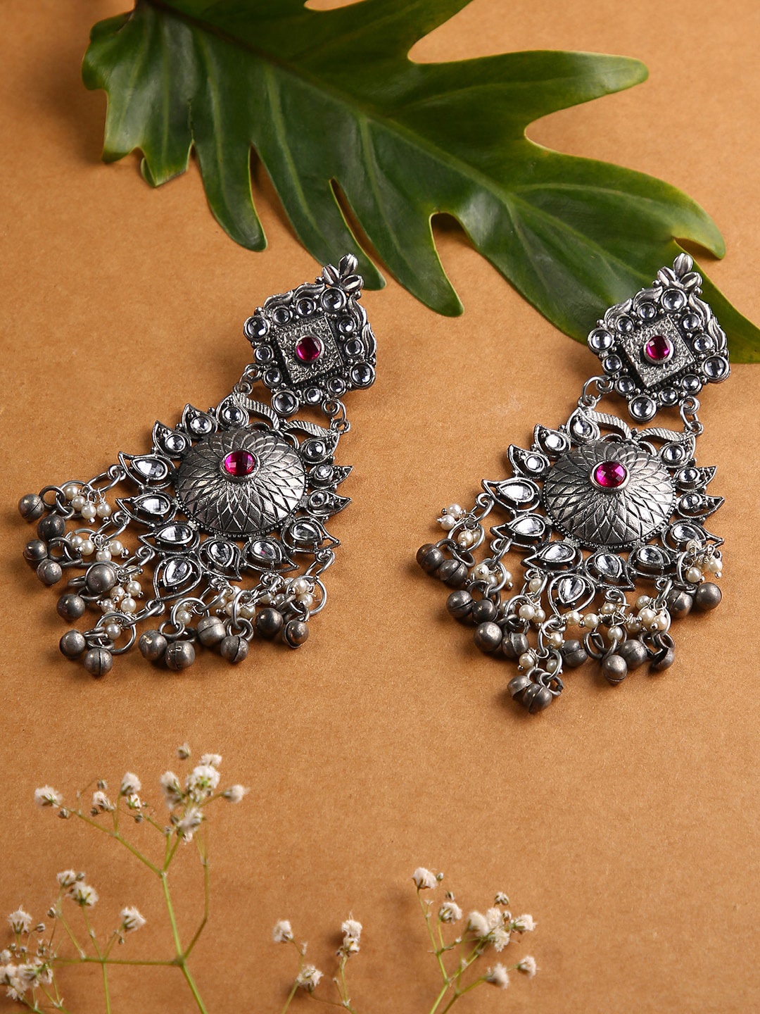 

justpeachy Pink & Silver-Toned Contemporary Drop Earrings