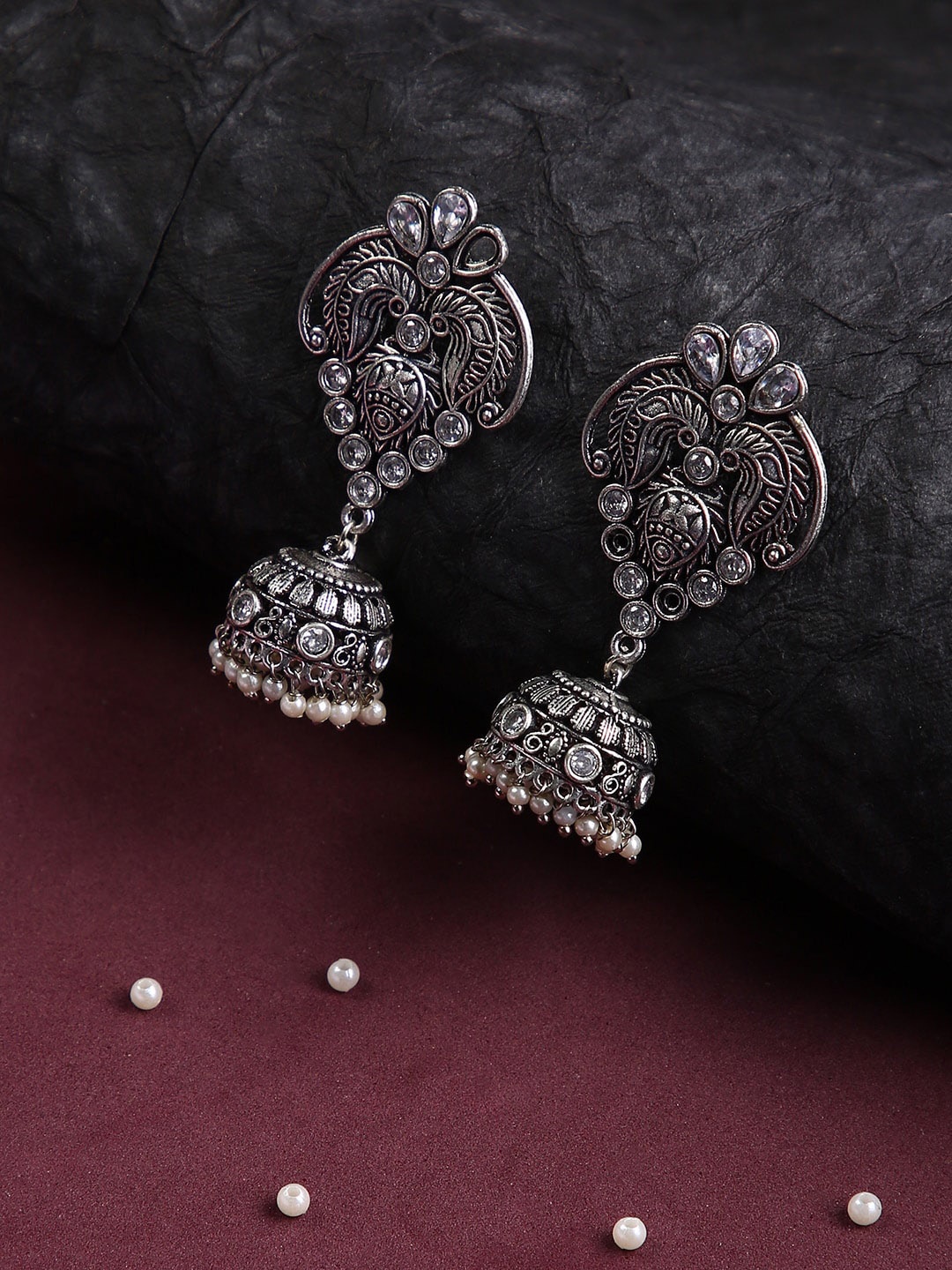 

justpeachy Silver-Plated Oxidised Stone Studded Classic Jhumkas Earrings