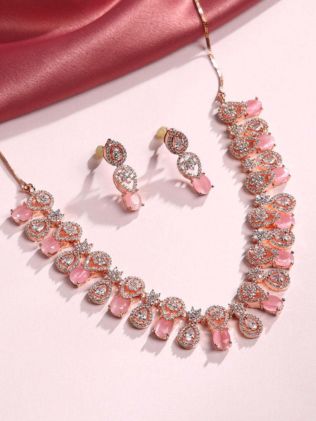 

justpeachy Gold-Plated Pink & White Stone-Studded Jewellery Set