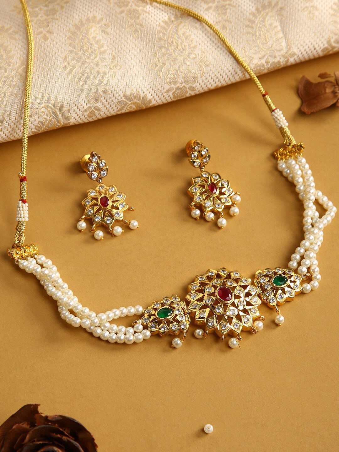 

justpeachy Gold-Plated White & Red Stone-Studded & Beaded Jewellery Set