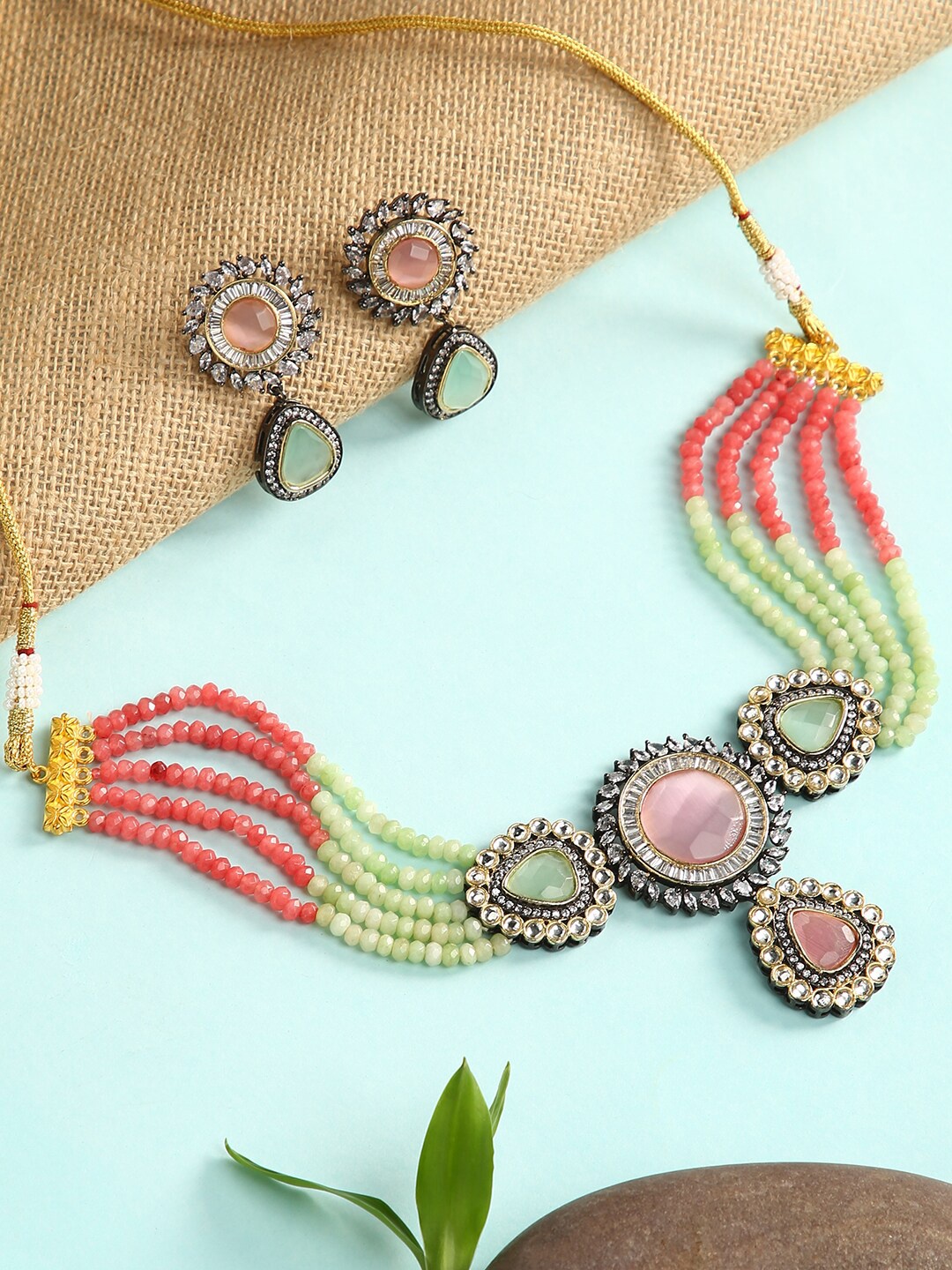 

justpeachy Multicolored Stone-Studded Beaded Jewellery Set, Silver