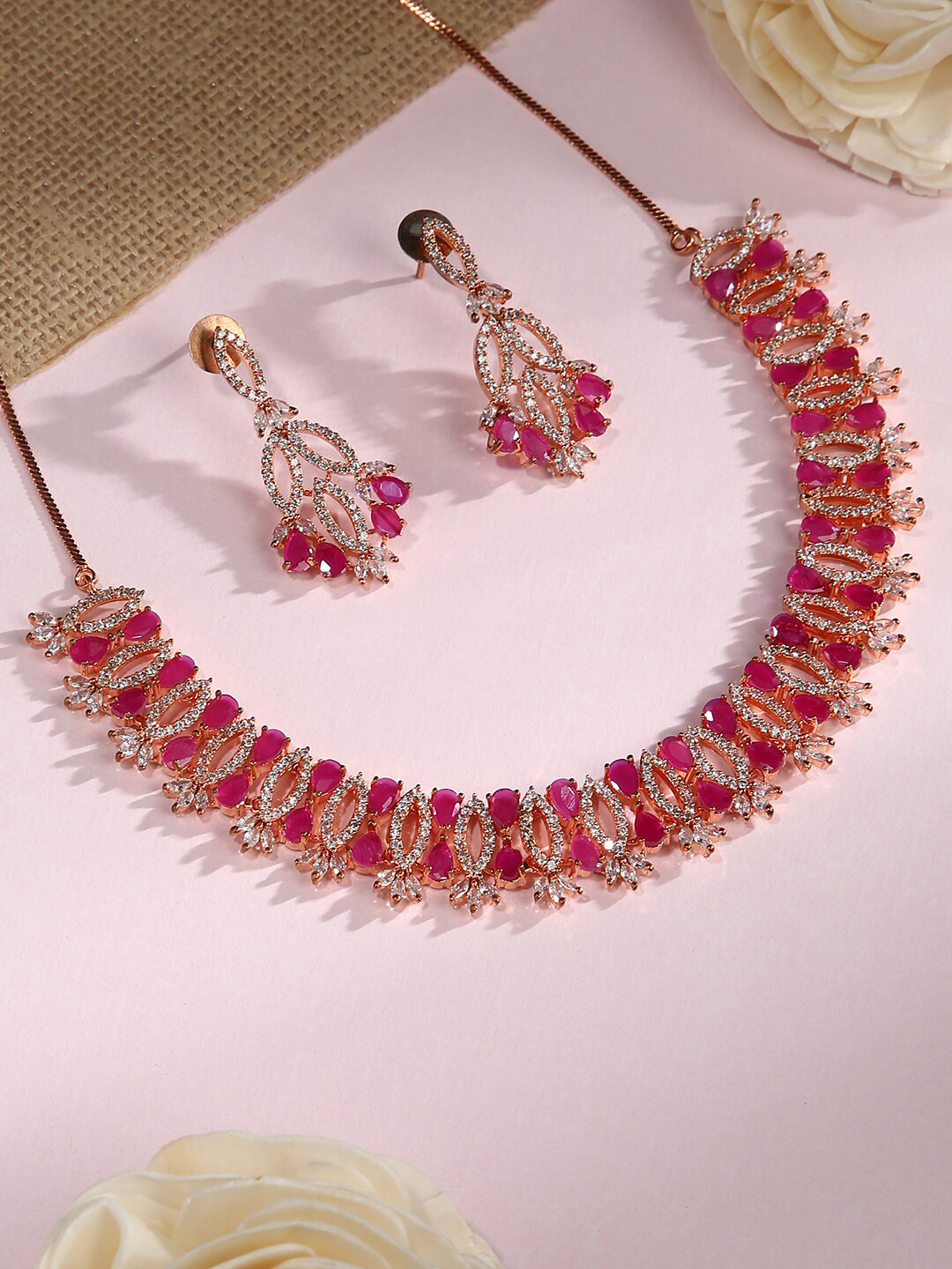 

justpeachy Gold-Plated Pink & White Stone-Studded Jewellery Set