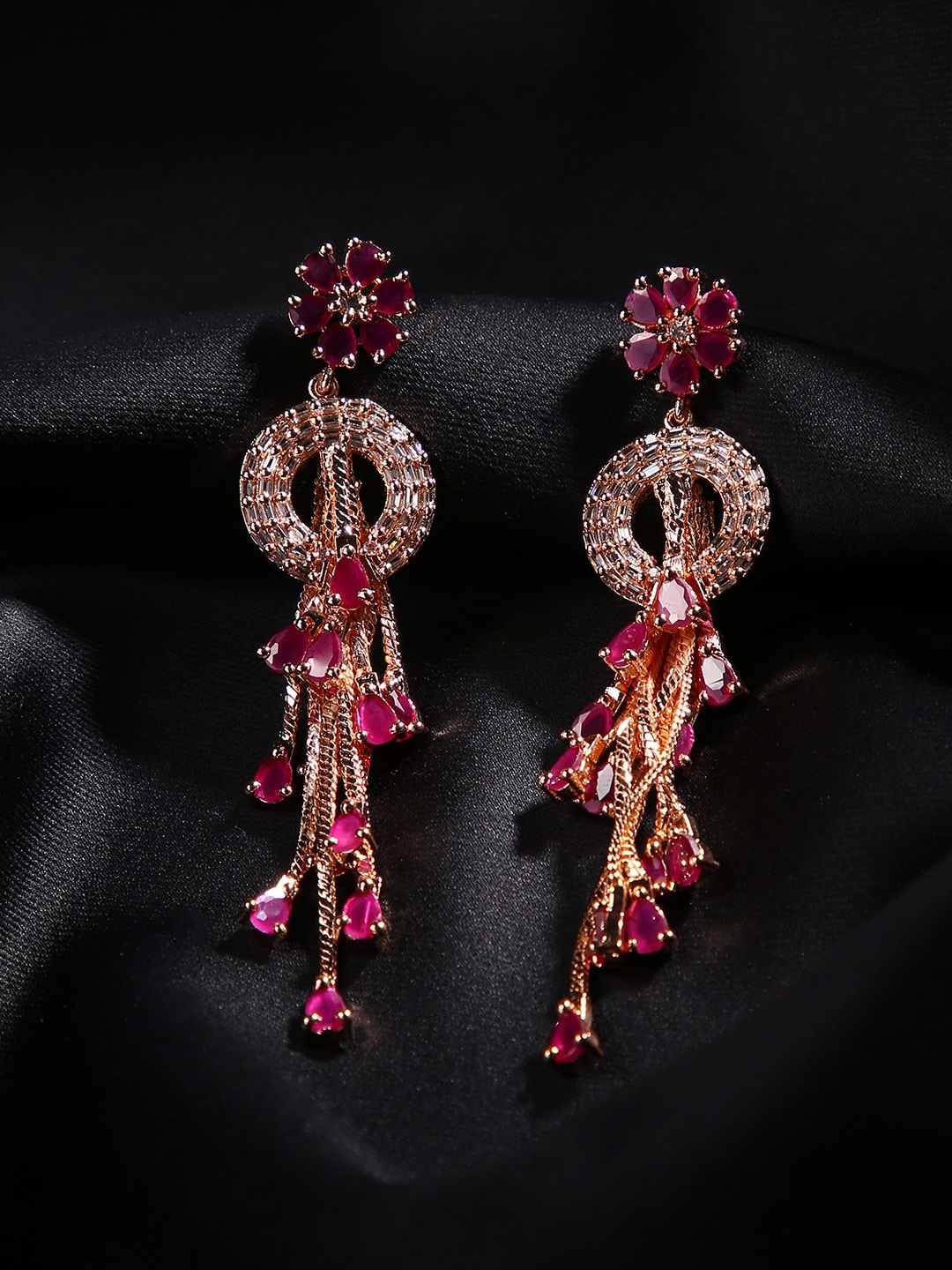 

justpeachy Red & Rose-Gold Plated AD Studded Contemporary Drop Earrings
