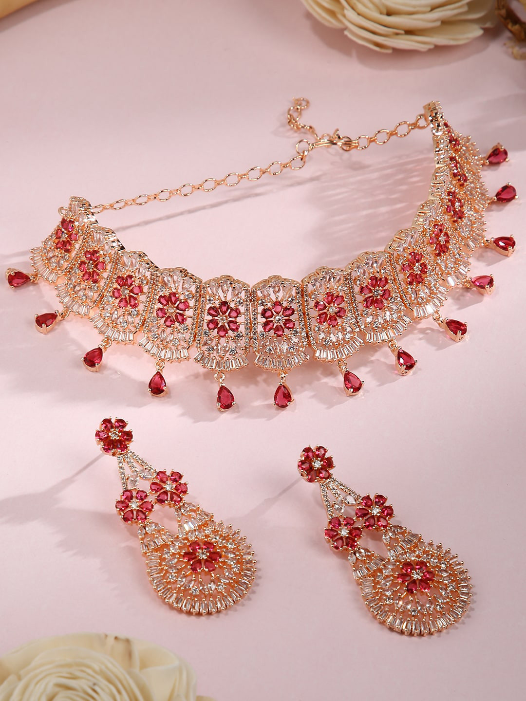 

justpeachy Gold-Plated White & Red Stone-Studded Jewellery Set