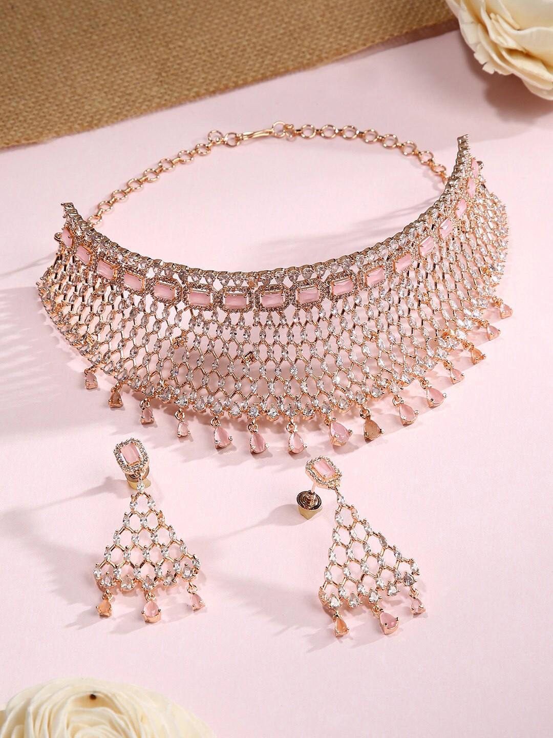 

justpeachy Gold-Plated White & Pink AD-Studded Jewellery Set