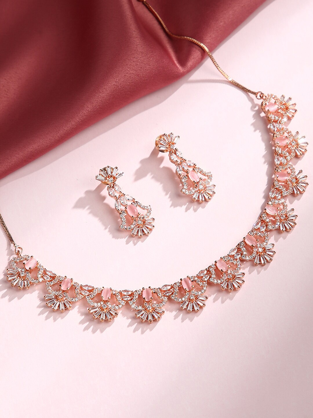 

justpeachy Gold-Plated Pink & White AD-Studded Jewellery Set