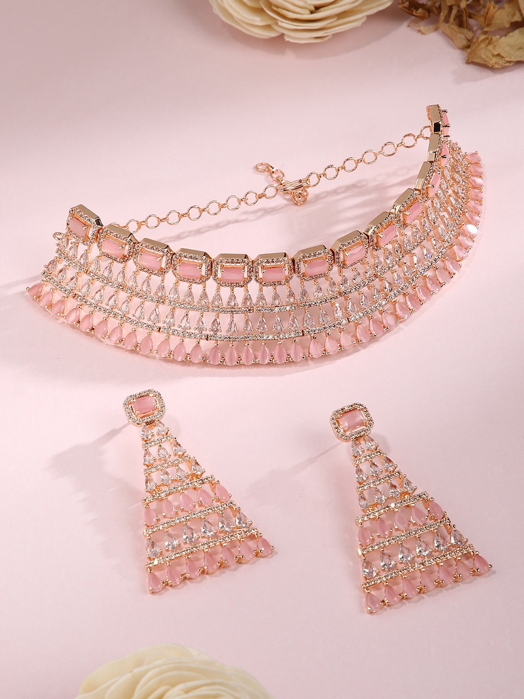 

justpeachy Gold-Plated Pink & White AD-Studded Jewellery Set