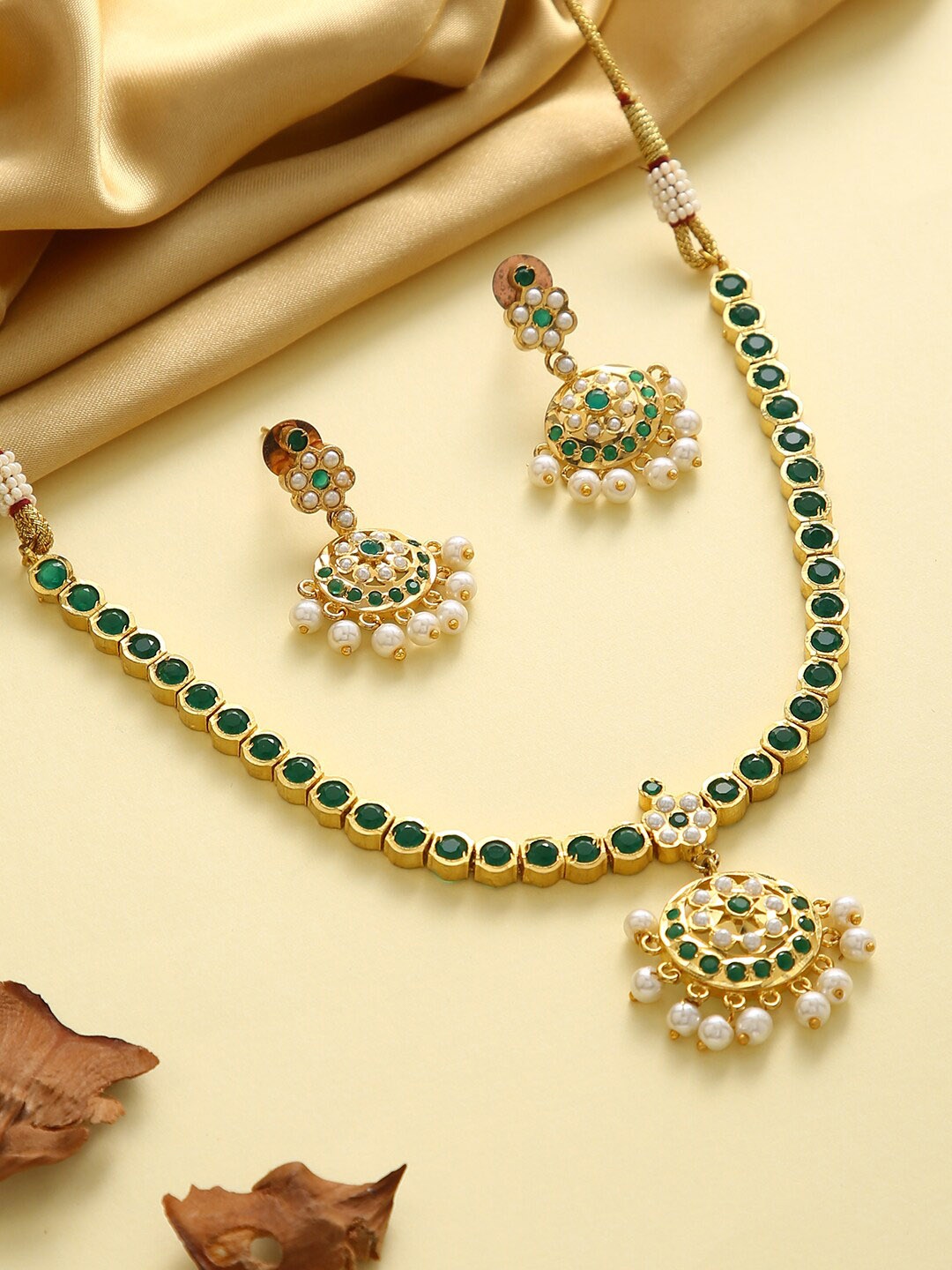 

justpeachy Gold-Plated White & Green Stone-Studded & Beaded Jewellery Set