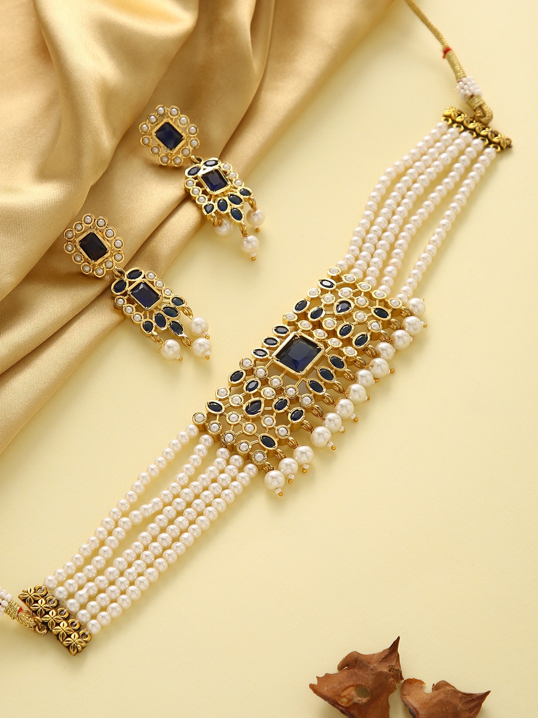 

justpeachy Gold-Plated White & Blue Stone-Studded & Pearl Beaded Jewellery Set