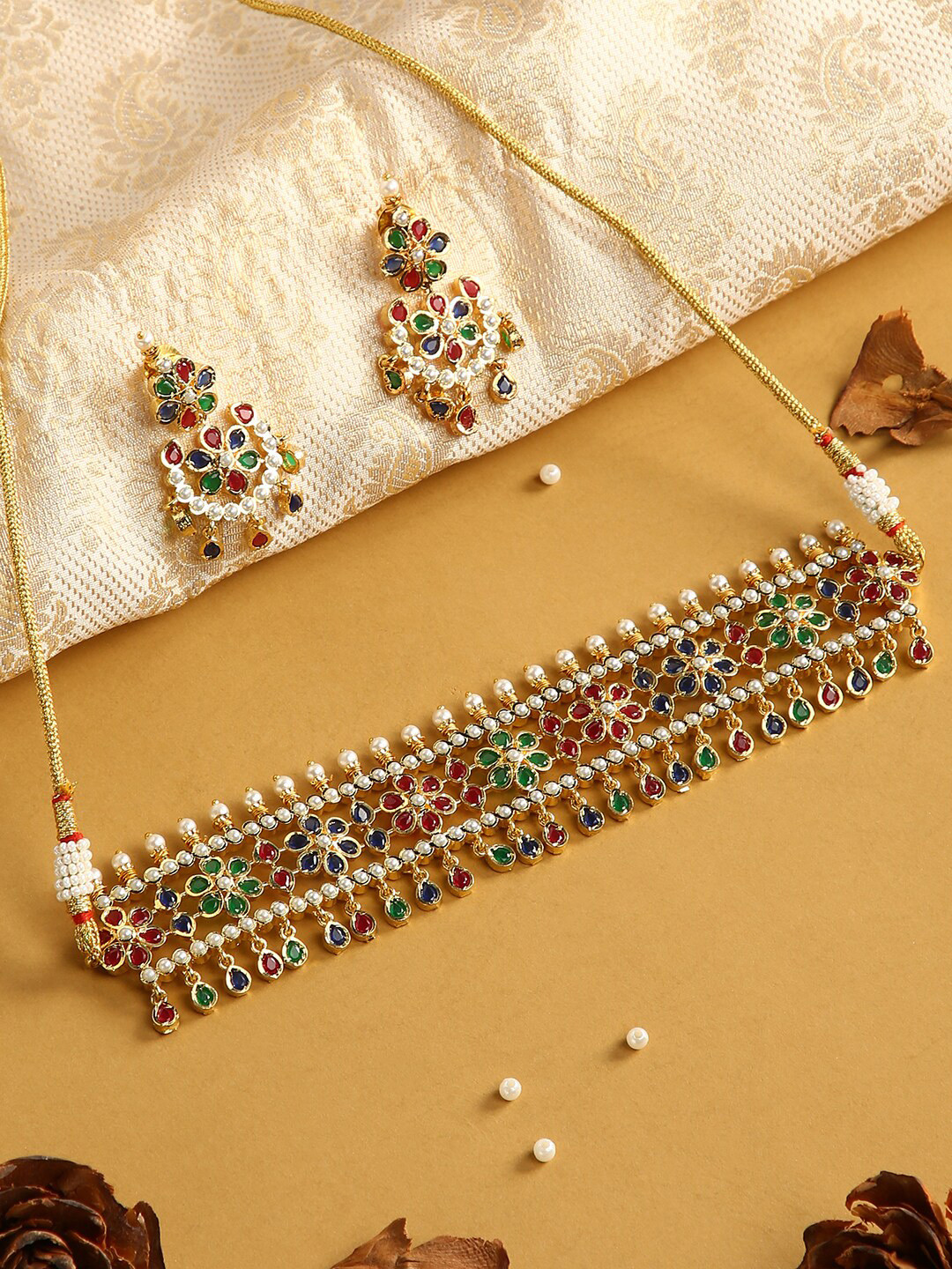 

justpeachy Gold-Plated Green & Red Stone-Studded & Pearl Beaded Jewellery Set