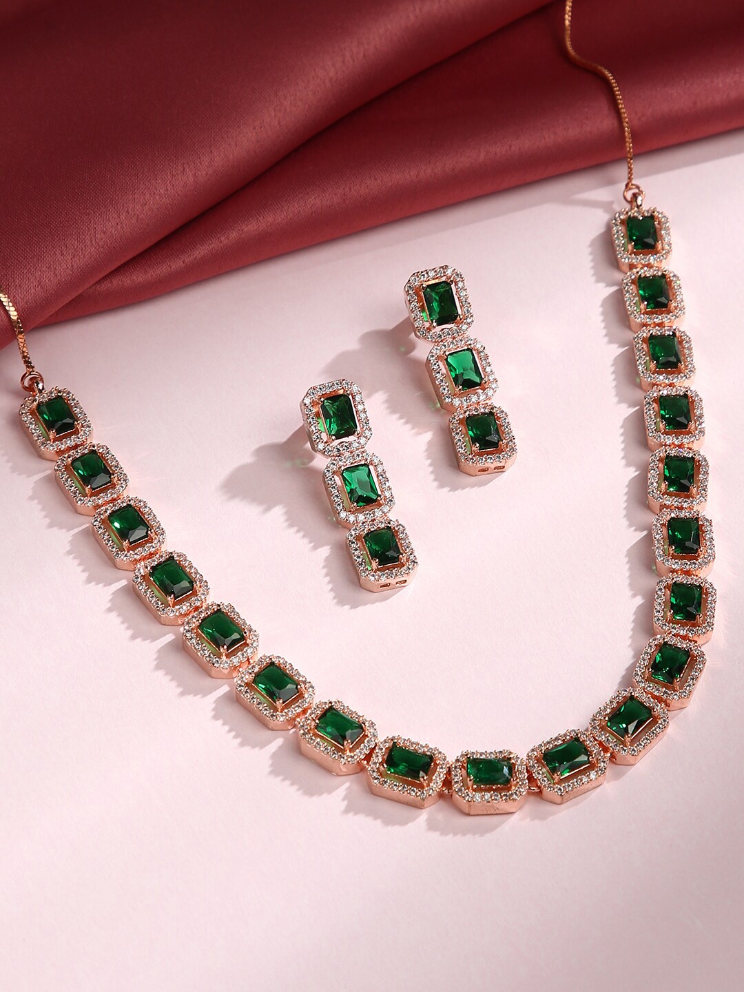 

justpeachy Gold-Plated White & Green Stone-Studded Jewellery Set