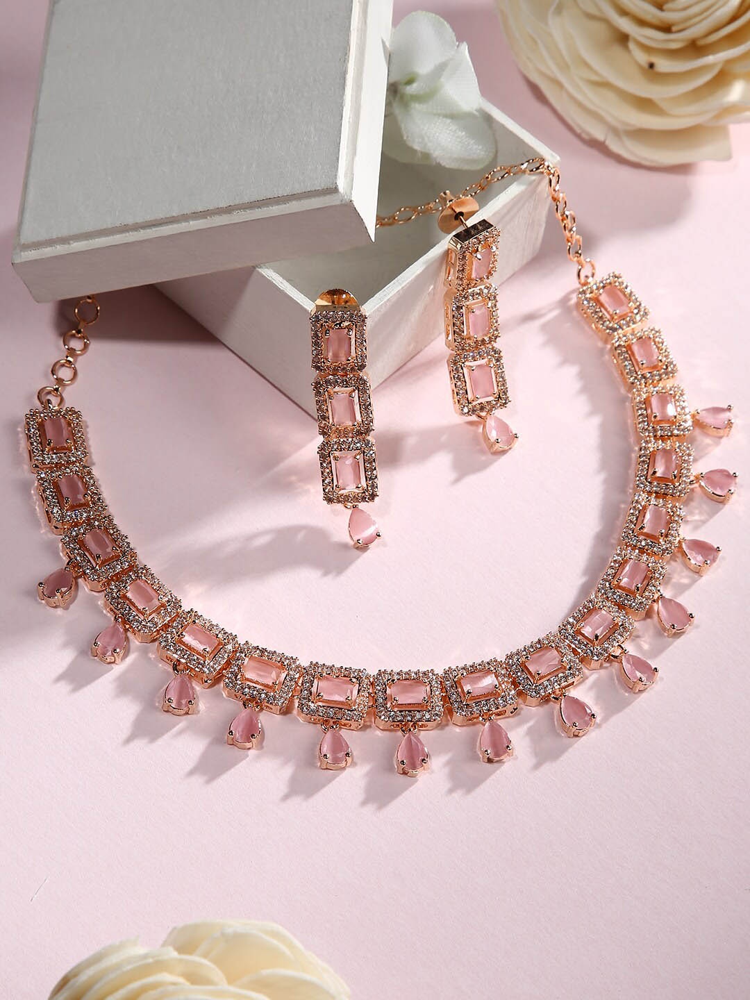 

justpeachy Gold-Plated Pink & White AD-Studded Jewellery Set