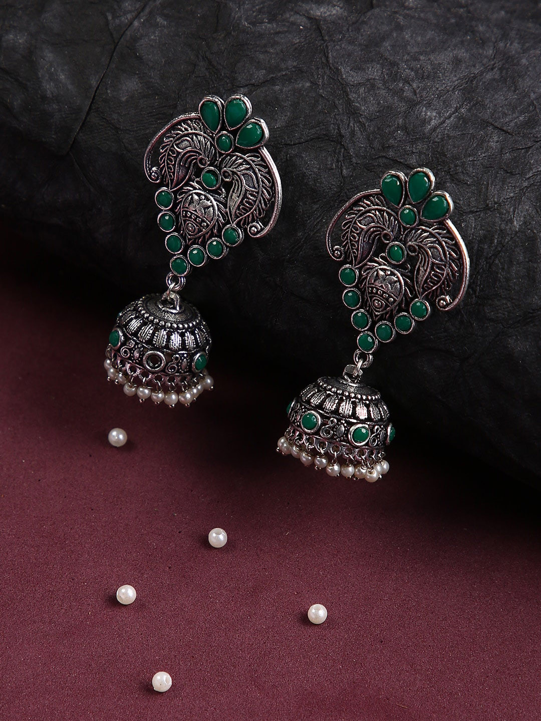 

justpeachy Oxidised Silver-Plated Green Stone-Studded Contemporary Jhumkas Earrings