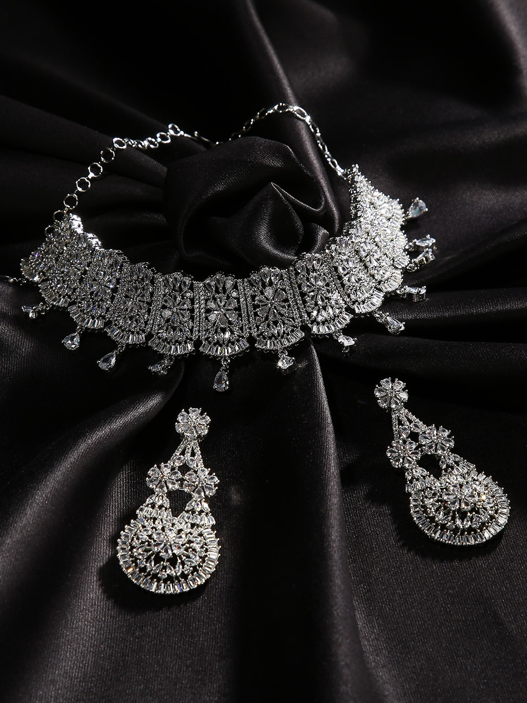 

justpeachy Silver-Plated & White AD Stone Studded Jewellery Set
