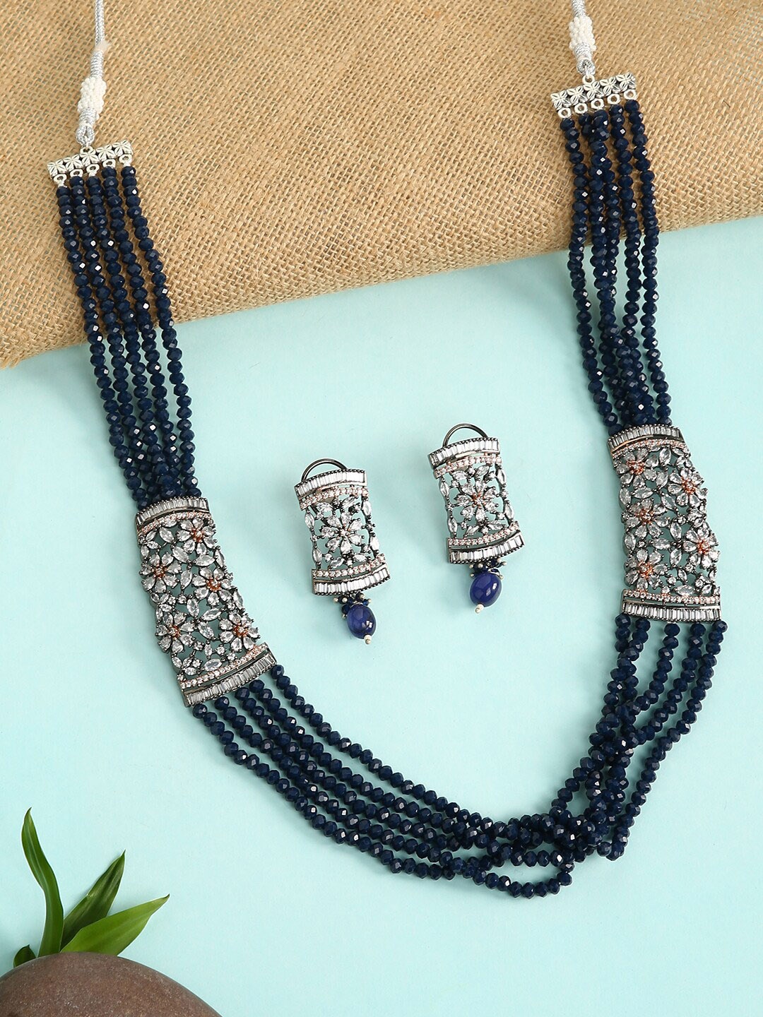 

justpeachy Silver-Plated Blue & White AD-Studded & Beaded Jewellery Set