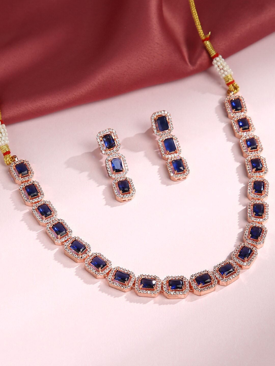 

justpeachy Oxidised Gold-Plated Blue Stone Studded Jewellery Set