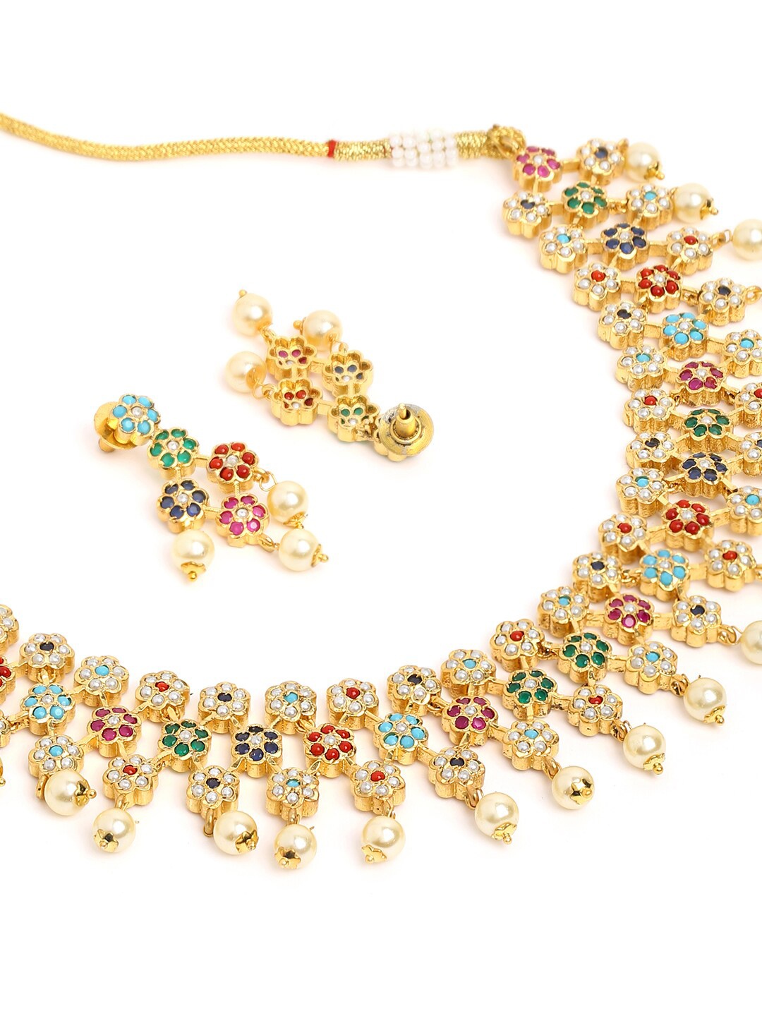 

justpeachy Gold-Plated Red & Blue Stone Studded & Beaded Jewellery Set