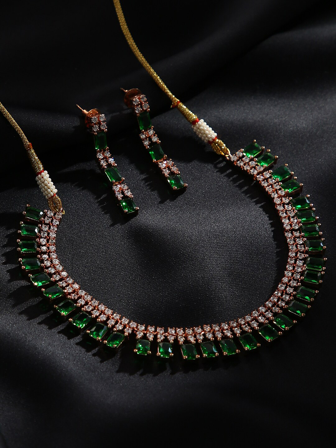 

justpeachy Oxidised Gold-Plated Green Stone Studded & Beaded Jewellery Set