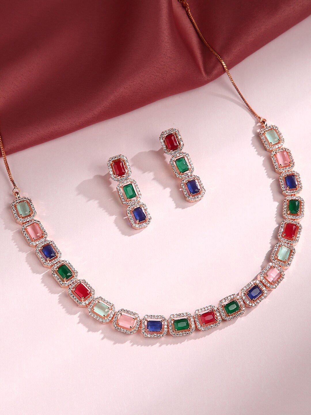

justpeachy Rose Gold-Plated Multicoloured Stone-Studded Jewellery Set, Multi