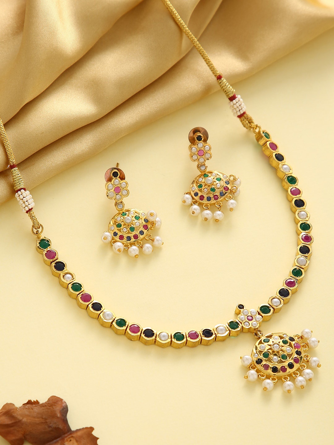 

justpeachy Gold-Plated Stone Studded & Beaded Jewellery Set