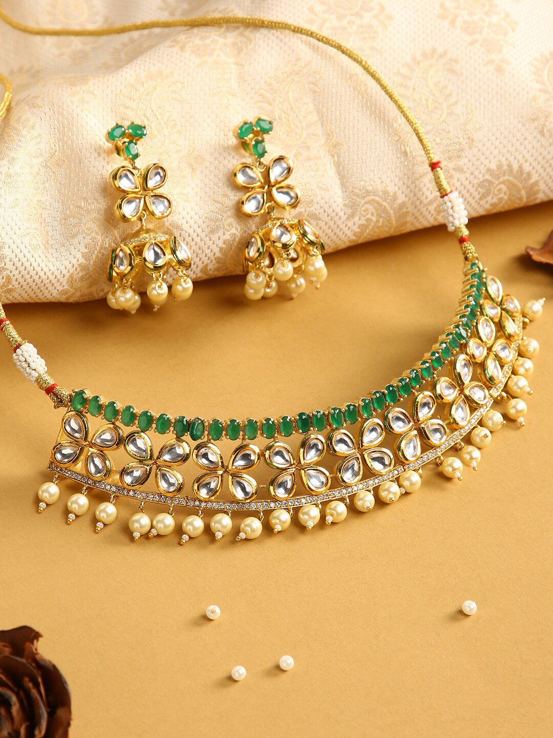 

justpeachy Gold-Plated & Green Stone Studded Jwellery Set