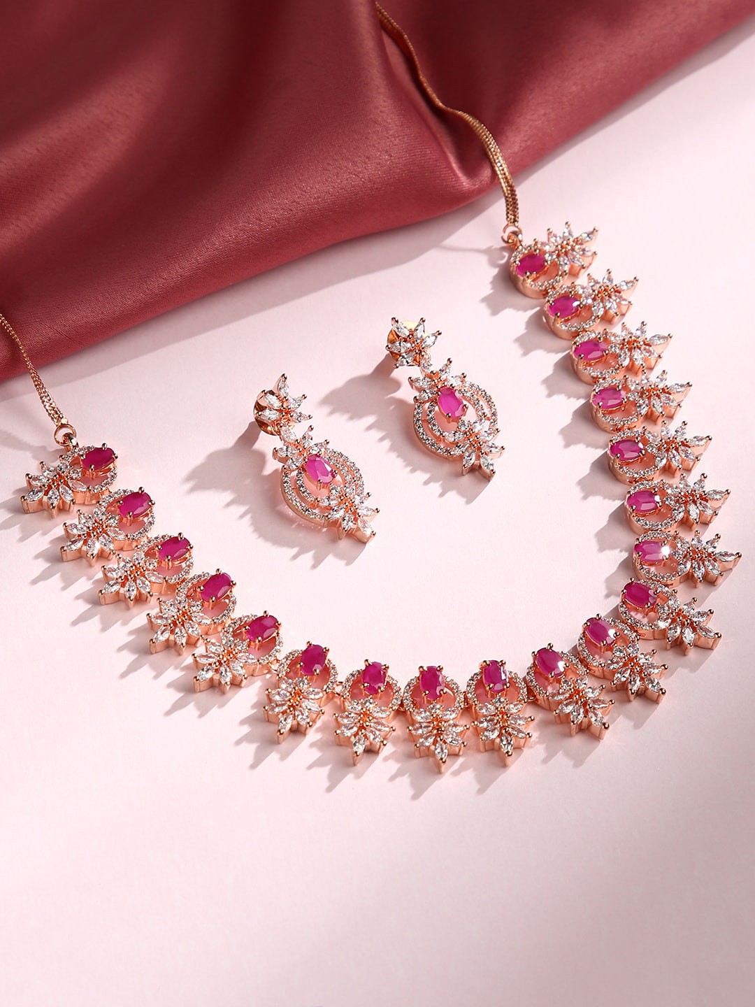 

justpeachy Gold-Plated Pink Stone Studded & Beaded Jewellery Set