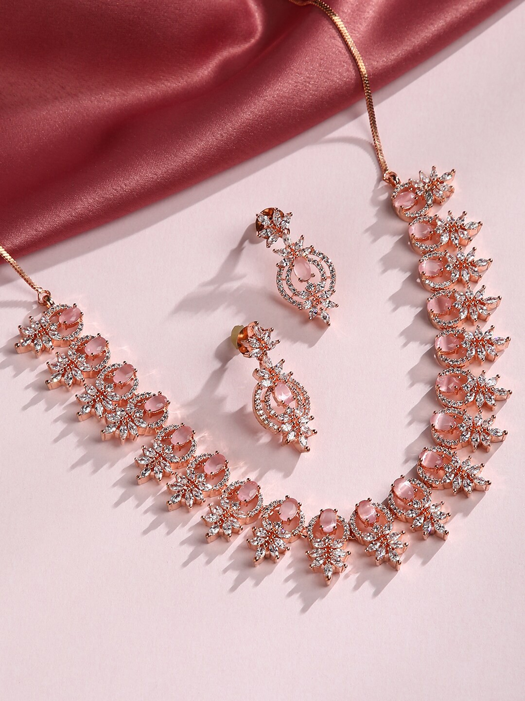 

justpeachy Gold-Plated Pink Stone Studded & Beaded Jewellery Set