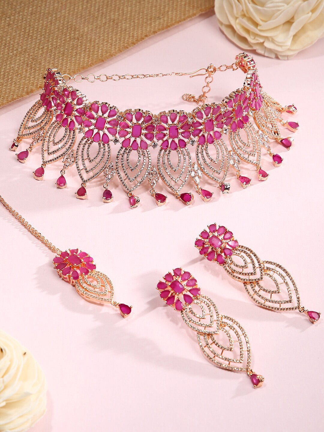 

justpeachy Pink & Gold-Plated AD Stone Studded Jewellery Set