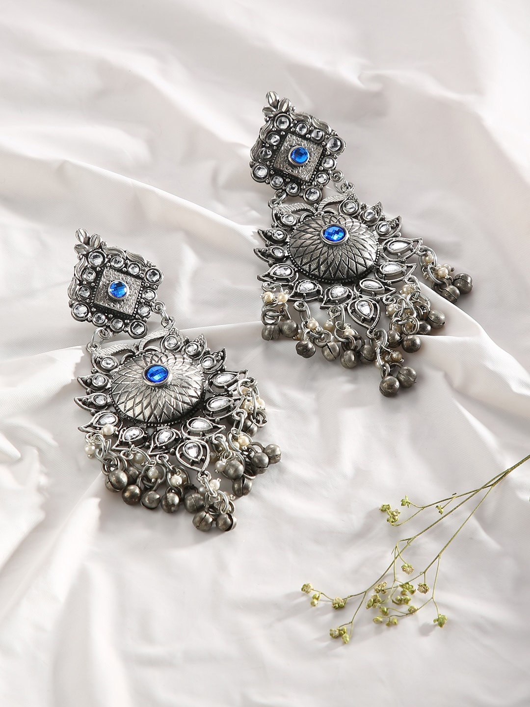 

justpeachy Blue & Silver Toned Classic Oxidised Drop Earrings